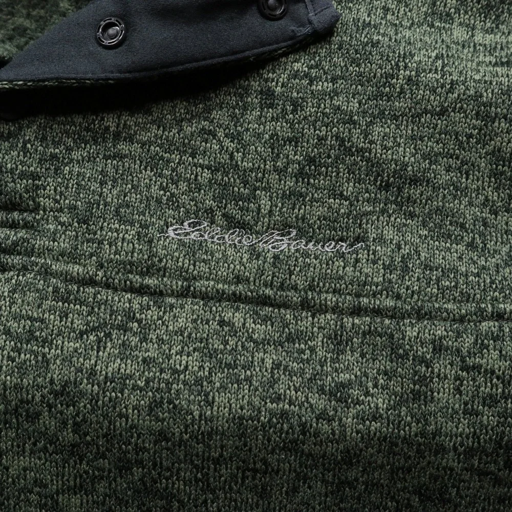 Eddie Bauer Fleece Pullover Large Green Marl Snap Mock Neck Modern Warm Sweater